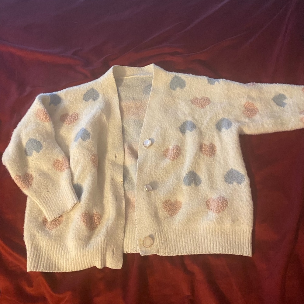Pink and blue heart white button up cardigan sweater